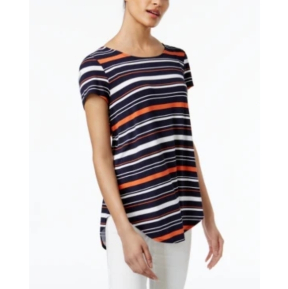 Alfani Tops - Alfani Petite Striped Shirttail T-Shirt Navy Bold Stripe